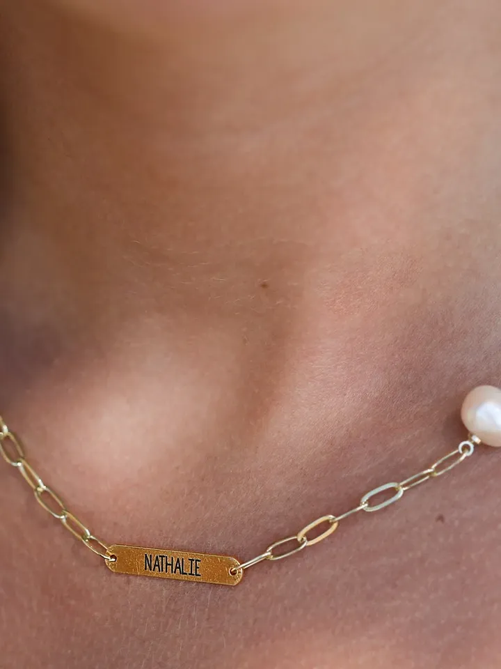 Dainty Name Engraved Necklace, Gold Nameplate Necklace, Personalized Bar Necklaces Women, Bridal Necklace with Pearl, Mom Grandma Gift