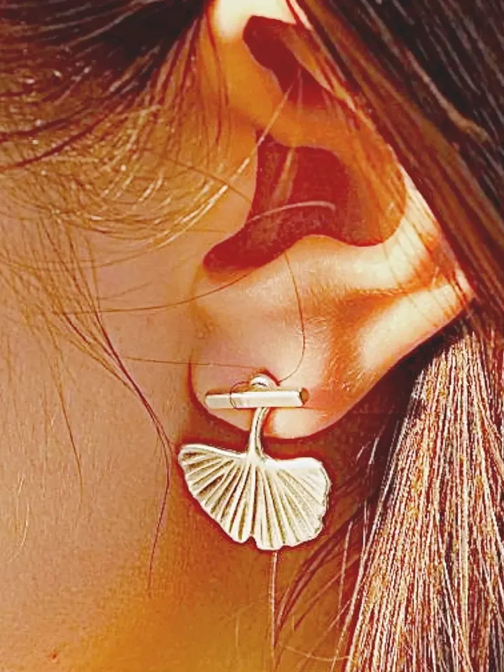 Ginkgo Biloba Leaf Ear Jackets, Silver Ginkgo Leaf Earrings, Dainty Bar Studs Geometric, Cool Handcrafted Ear Jacket Earrings, Hoop Earring