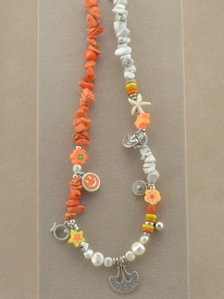 Summer Trendy Coral Necklace Beaded, Gifts for Her Colorful Statement Layering Fashion Summer Jewelry, Handmade Multiple Charms Necklace