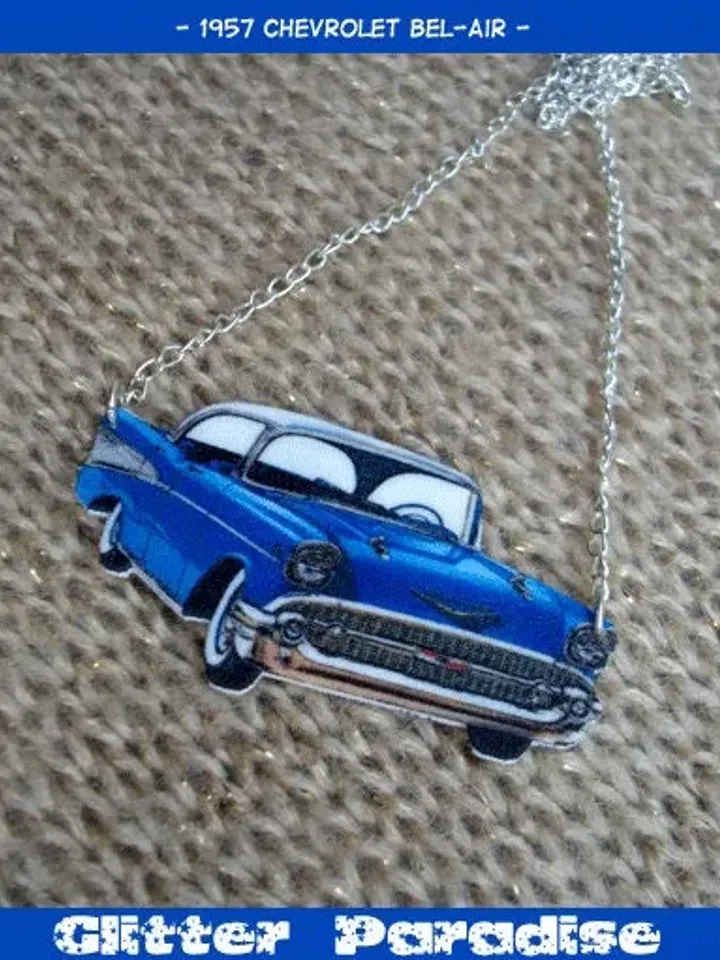 57 Chevy Blue - Necklace - Blue '57 Chevy Bel Air - Vintage Chevrolet - Retro Car - 50's Vintage Old Car - Vintage Car - Glitter ParadiseĀ®