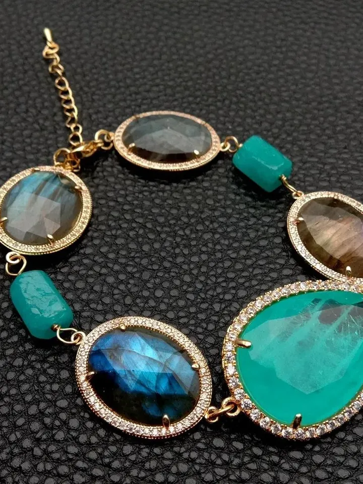 Labradorite and Amazonite Bracelet, Chunky Gemstone Bracelet, Gemstone Bracelet, Chunky Bracelet, Blue Bracelet