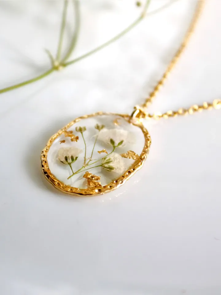 Gold  Baby's Breath necklace Resin Pressed flowers