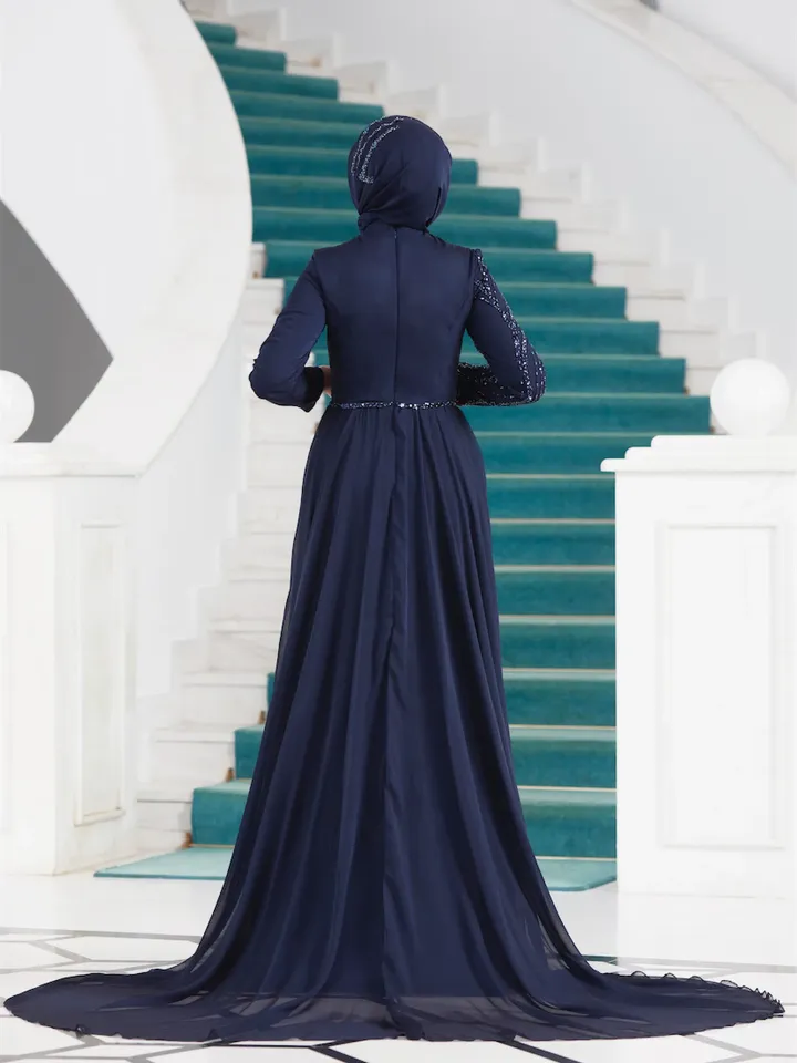 AHUNARE HIJAB - Dila Navy Blue Chiffon Wedding Dress, Muslim Evening Gown, Nikah, Islamic Wedding, Engagement, Bridesmaid,