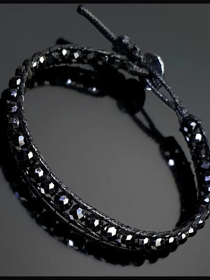 Black Zircon Crystal Bracelet with Solid Silver Button, Black Color Shining Slim Jewelry Design, Valentine' Gifts For Women, Men