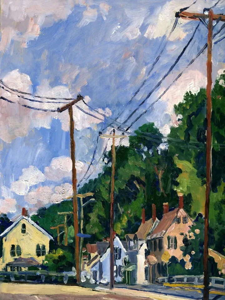 Original Landscape Painting - Houses and Poles/July - 9x12 Oil on Panel, Plein Air Impressionism, Signed Contemporary American Fine Art