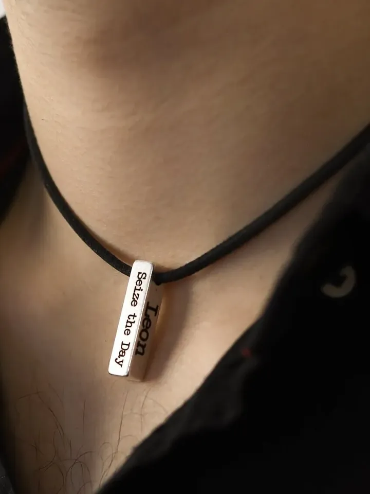 Mens 3D BAR NECKLACE Personalized, 4 Sides Engraving Vertical Bar Necklace, Customized Jewelry Gifts for Dad Grandpa Best Man Leather Choker