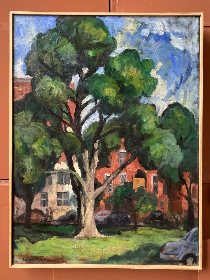 New York Landscape Painting - Tree and Brownstones/Albany- 18x24 Oil on Linen, Plein Air Impressionist Signed Original