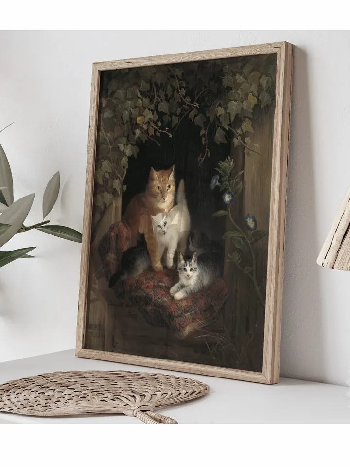 Cat With Kittens Vintage Print, Pets Antique Oil Painting, Printable Wall Art Decor, Downloadable | 384