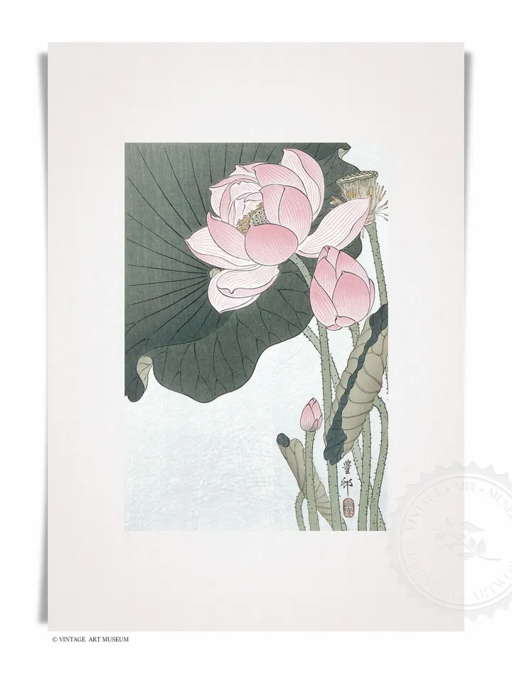 Diptych Painting Japanese Art Vintage Prints, Lotus Watercolor set of 2, Printable Wall Decor Digital | 97 S2