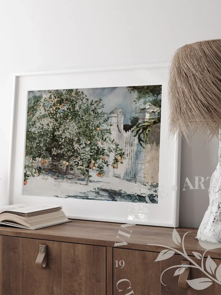 Orange Tree Vintage Wall Art Watercolor Print, Large Farmhouse Home Decor, Printable Digital Downloadable | 172