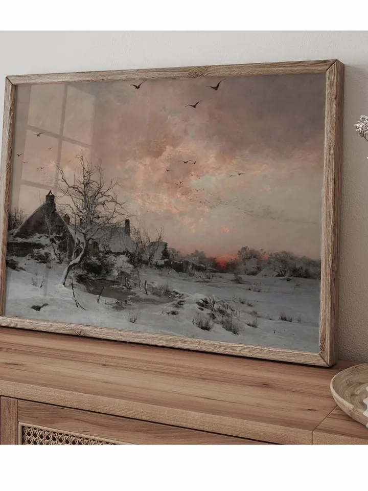 Antique Winter Village Painting, Evening Landscape Printable Art, Vintage Wall Decor, Downloadable | 393