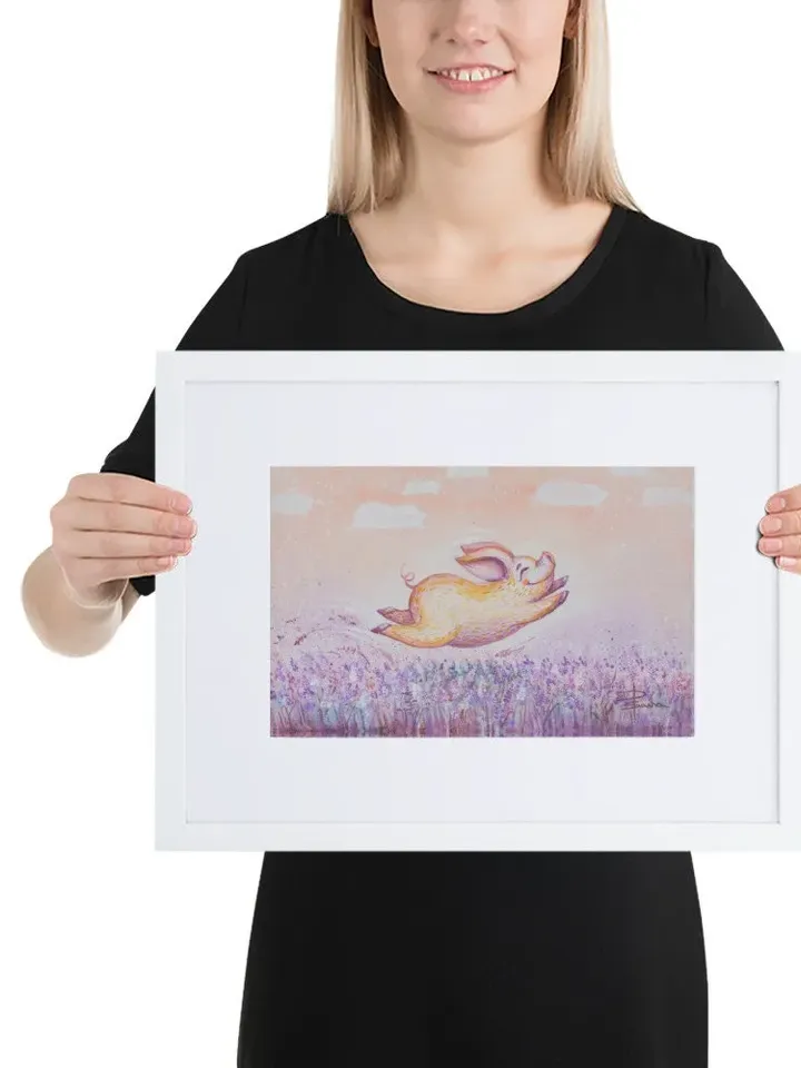 Pink pig runs through the lavender field, Matte Paper Framed Poster With Mat, nursery wall décor, reproduction of painting, purple pastel