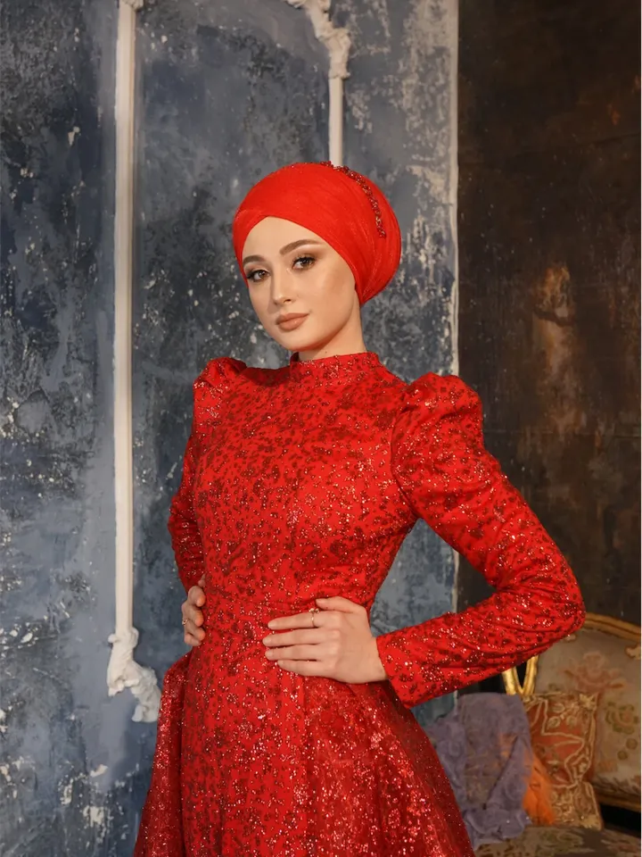AHUNARE HIJAB - Versica Red Peplum Wedding Dress, Muslim Evening Gown, Nikah, Islamic Wedding, Engagement, Bridesmaid,