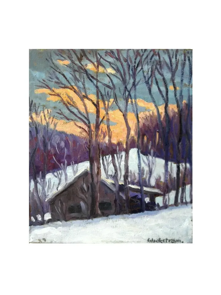 Original Landscape Painting - Winter Sunset/Berkshires- 10x12 Oil on Canvas, Plein Air Impressionist Snow Scene, Signed Original