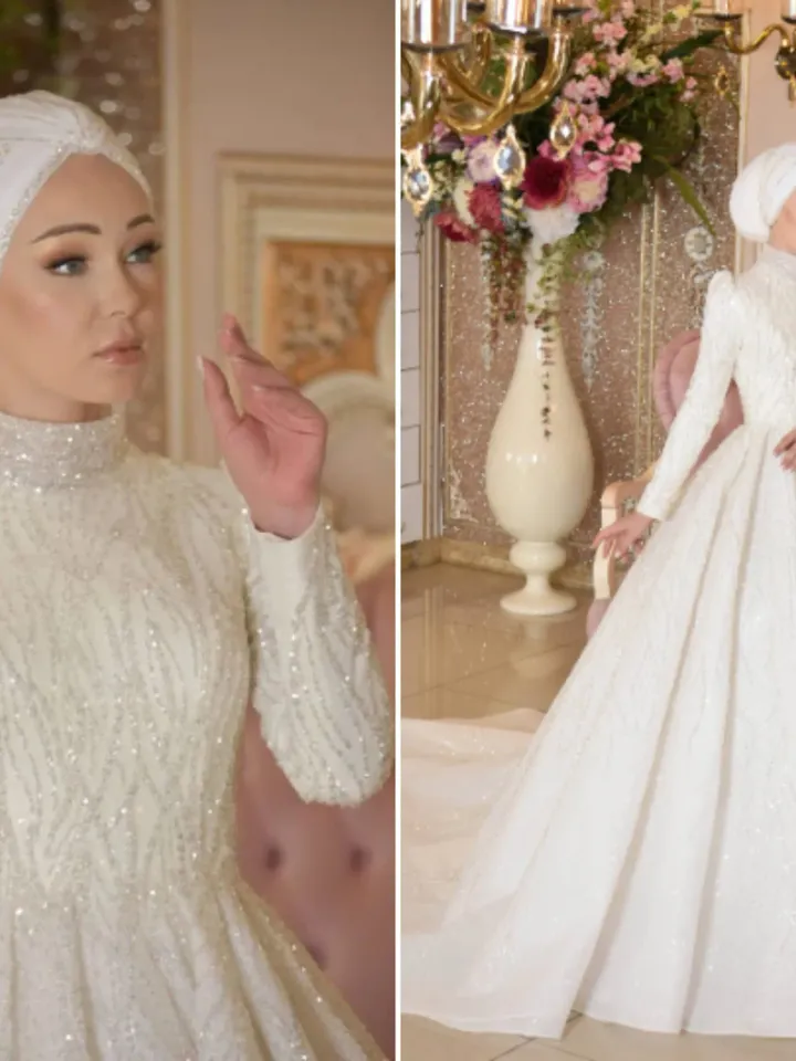 Gülşah White Embroidered Bright Princess Wedding Gown, Bridal, Muslim Wedding, Hijab Wedding, White Wedding Dress, Islamic Wedding
