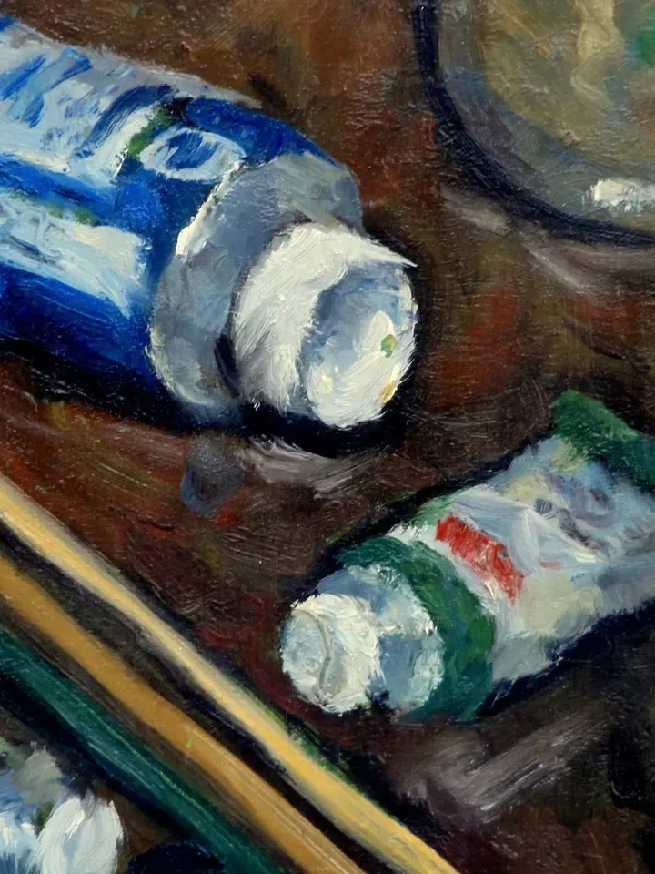 Original Still Life Painting - Brushes and Paint Tubes/Artist Tools - 12x14 Oil on Panel, American Realist Artwork, Signed Original
