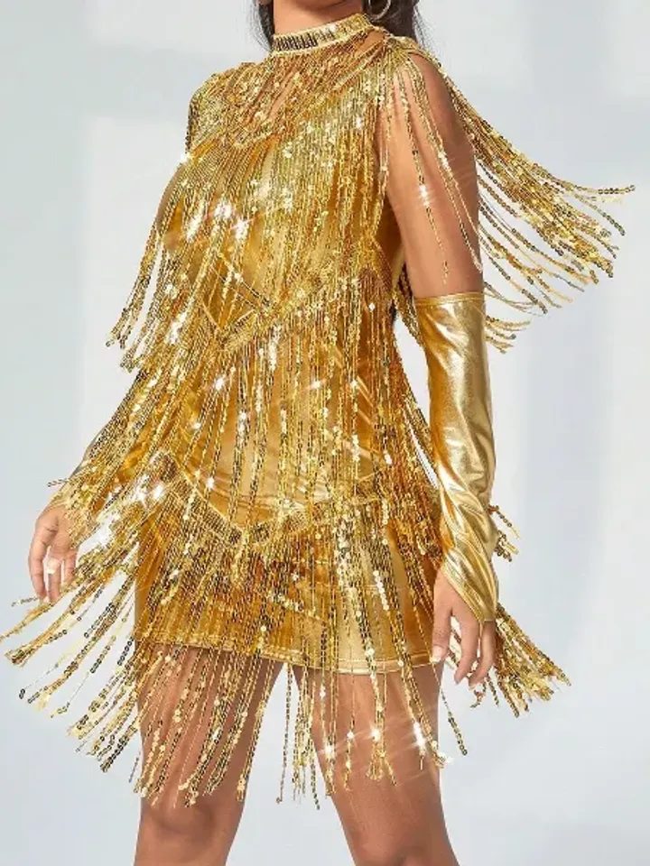 Gold 3PCS Sequin Metallic Fringe Trim Bodycon Dress Arm Sleeves Dickey Collar Party Prom Cocktail Wedding Evening Club