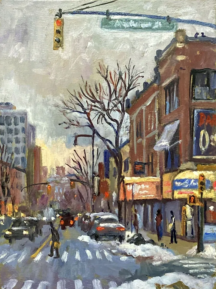 Brooklyn Cityscape Painting- Snow on Flatbush Ave- 9x12 Oil on Canvas, New York Winter Impressionism, Signed Original American Fine Art