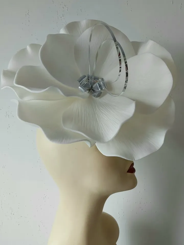 Large flower fascinator White bridal headband Mirror bloom wedding accessory Church Hat custom hat design 2024