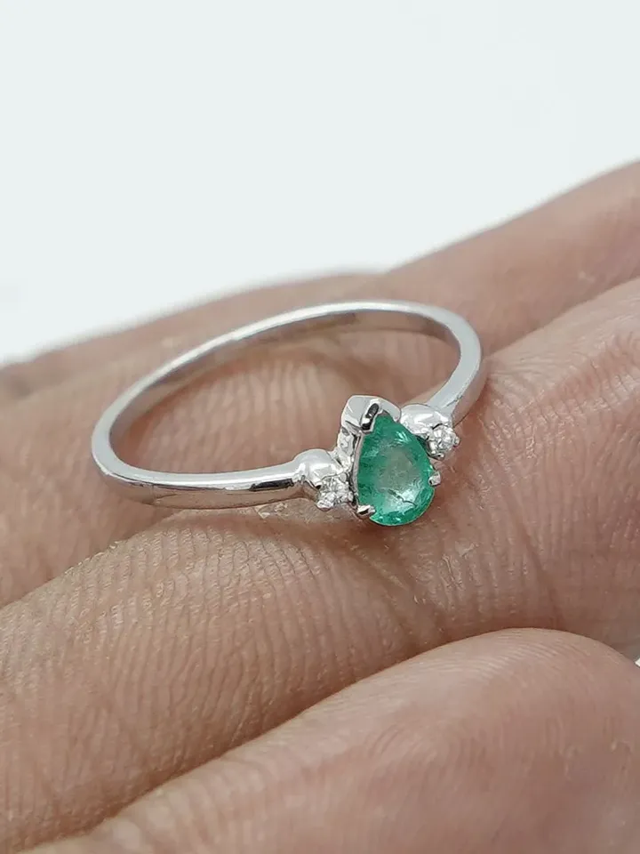 Natural Emerald Diamond Ring, Antique Emerald Engagement Ring, 925 Sterling Silver Ring, Wedding Band, Bridal Ring, Emerald Jewelry