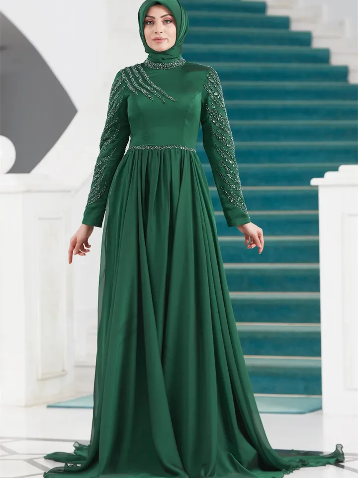 AHUNARE HIJAB - Liz  Green Chiffon Wedding Dress, Muslim Evening Gown, Nikah, Islamic Wedding, Engagement, Bridesmaid,