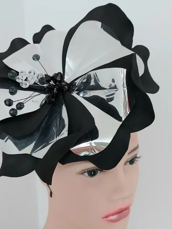 Magic black fascinator Derby hat Black petunia and mirror silver Hair clip Mysterious flower Halloween outfit gothic