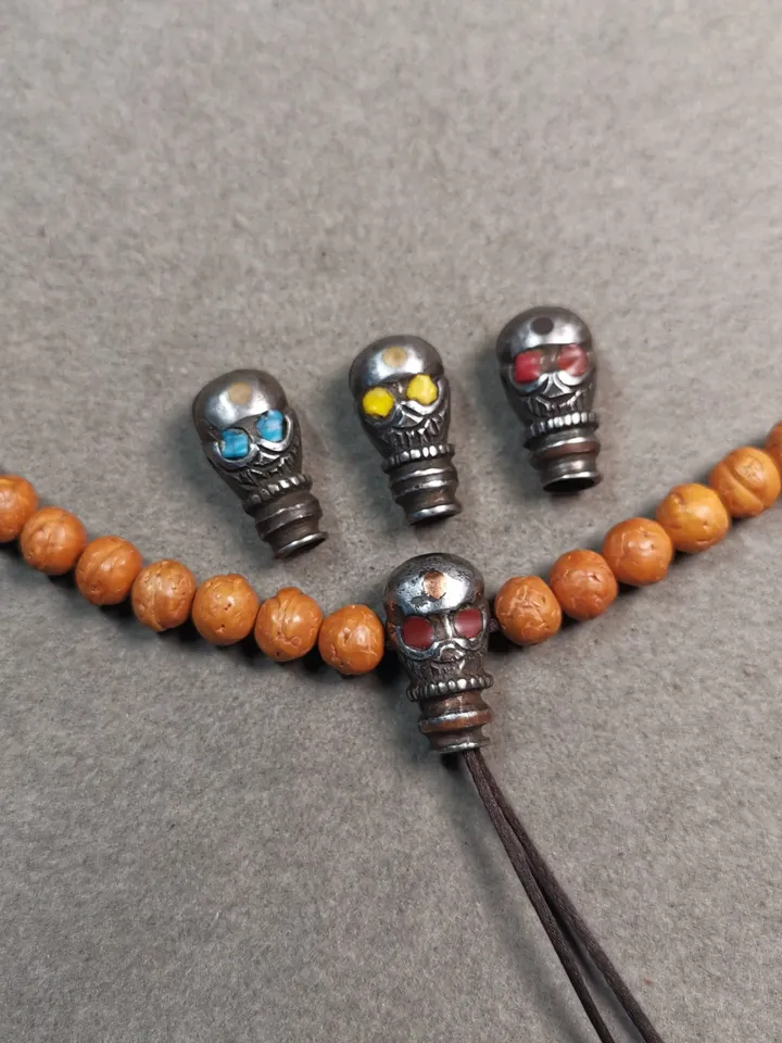 Gandhanra Tibetan Cold Iron Guru Bead,Skull Shape T-drilled 3-Hole Prayer Bead,Mala Bead,Connector Bead for Buddhist Bead Accessories