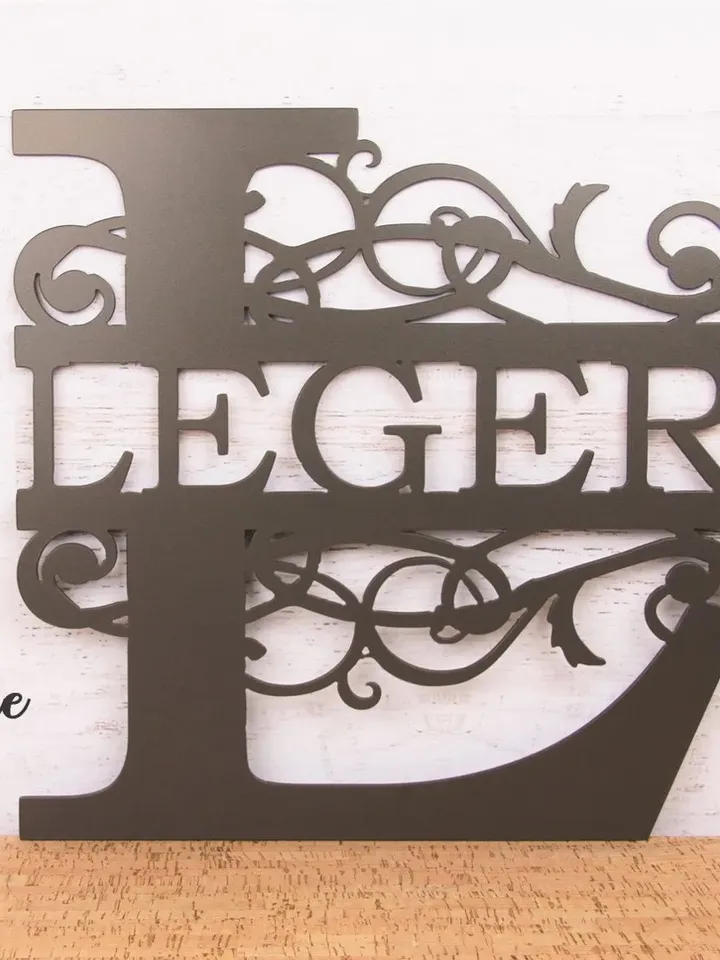 Fancy scrolled monogram Family name sign, front porch decorative sign,  decorative address sign, Custom metal sign.