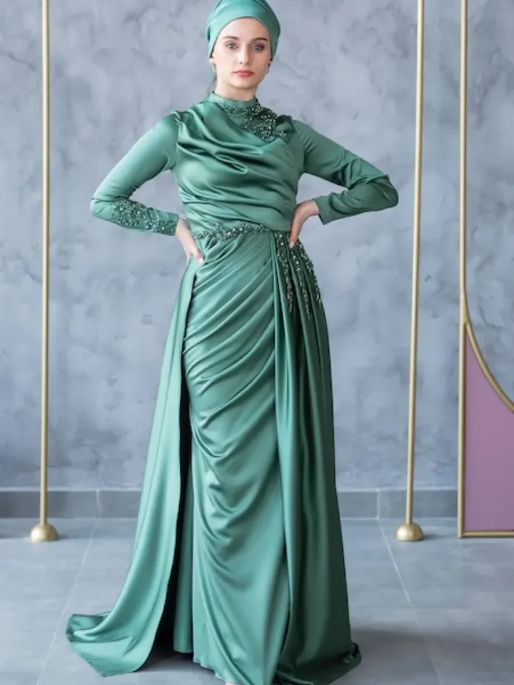 AHUNARE HIJAB - Mercan Mint Satin Tailed Embroidered Wedding Dress, Muslim Evening Gown, Nikah, Islamic Wedding, Engagement, Bridesmaid,