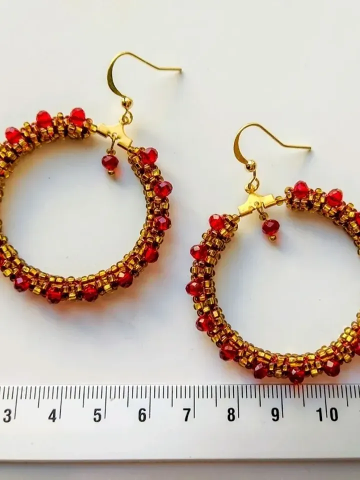 Hoop earrings with red faceted beads beaded round earrings seedbead earrings boho jewelry