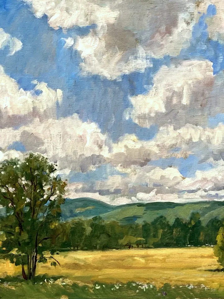 Large Berkshires Landscape Painting - Summer Clouds/Tanglewood - 24x30 Oil on Linen, Plein Air Impressionist Fine Art, Signed Original