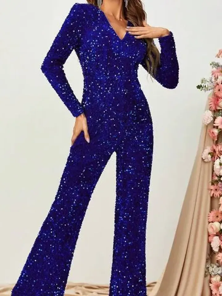 Royal Blue Sequin V Neck Puff Sleeve Flare Leg Jumpsuit Wedding Party Evening Prom Cocktail Club Xmas Christmas