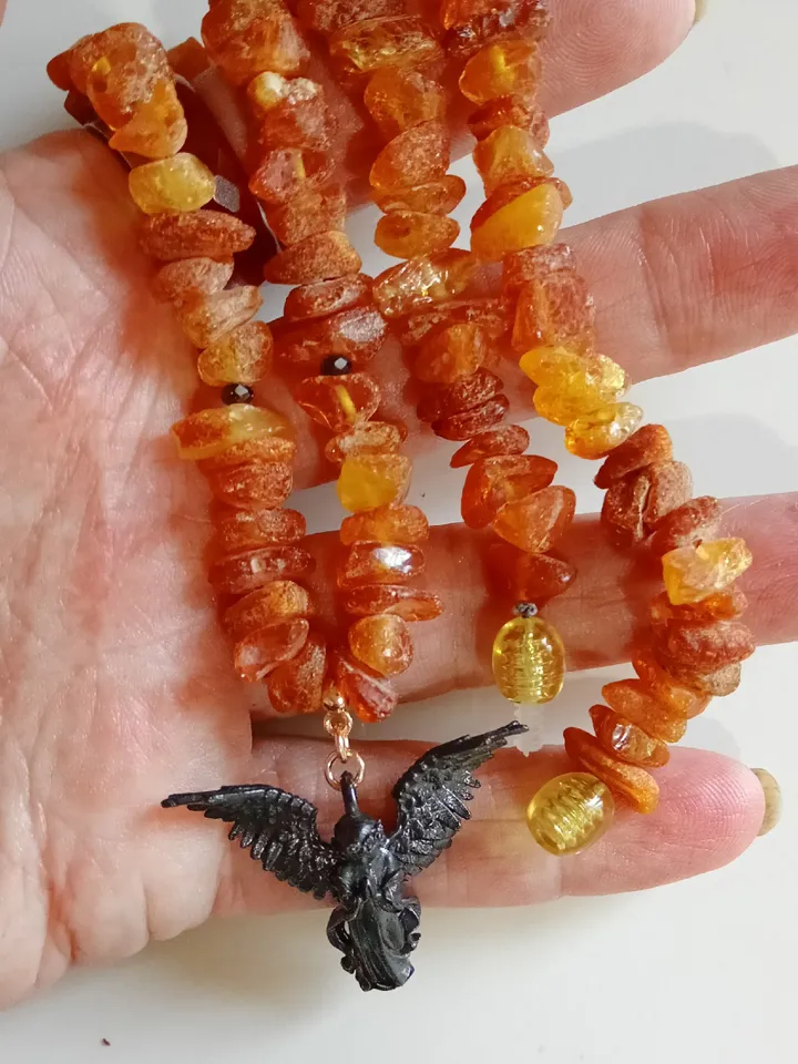 Raw Baltic Amber Necklace with black Angel Pendant Protection Jewelry Spiritual necklace Beaded Healing Stone necklace