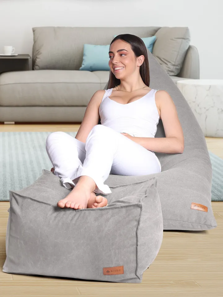Puff with filling included and footrest - Giant Bean Bag of exclusive design for Salon - Youth Pouf XXL Light Grey