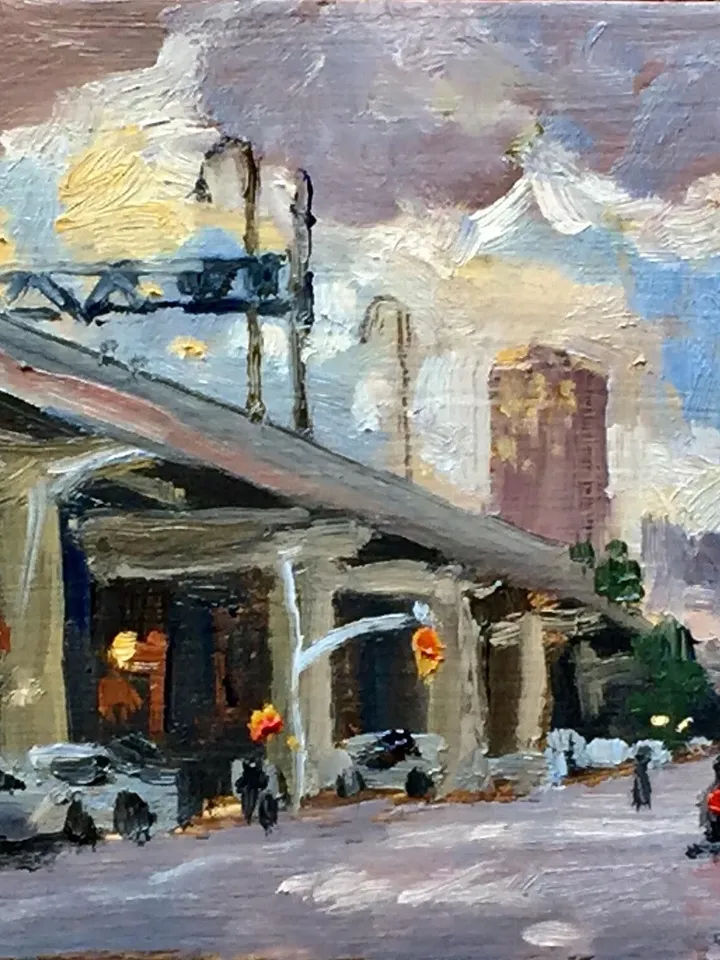Small New York Oil Painting- Evening Sky/Williamsburg Bridge/NYC- 4x8 Oil on Panel, Urban Impressionist Fine Art, Signed Original Cityscape