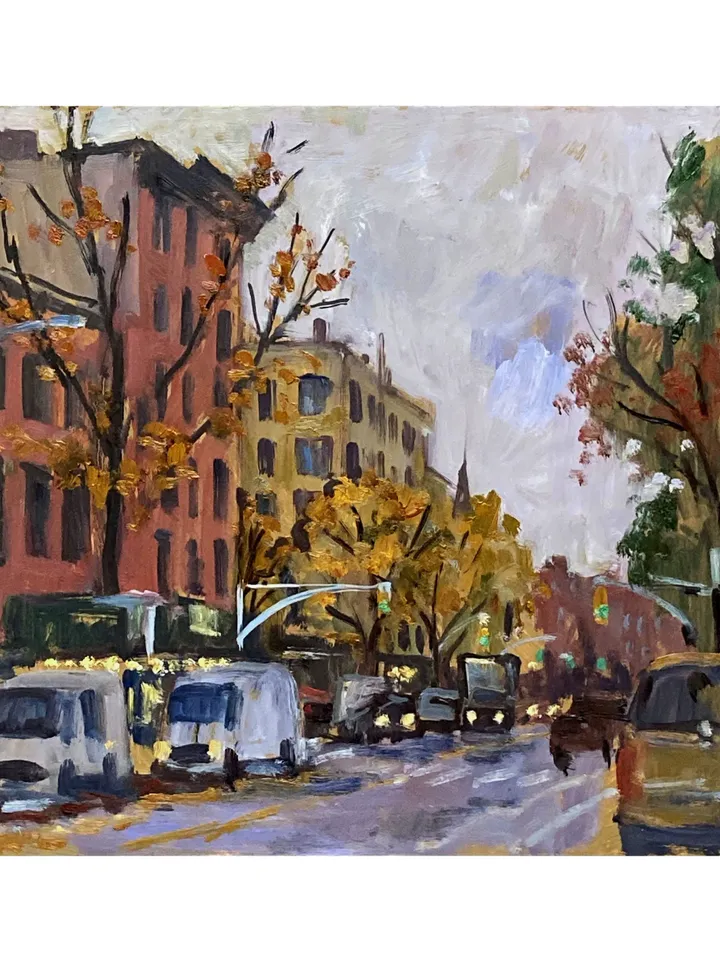 Original East Village Cityscape -Rain on Avenue A/NYC- 12x12 Oil on Panel, New York Urban Impressionist Landscape, Signed Original Fine Art