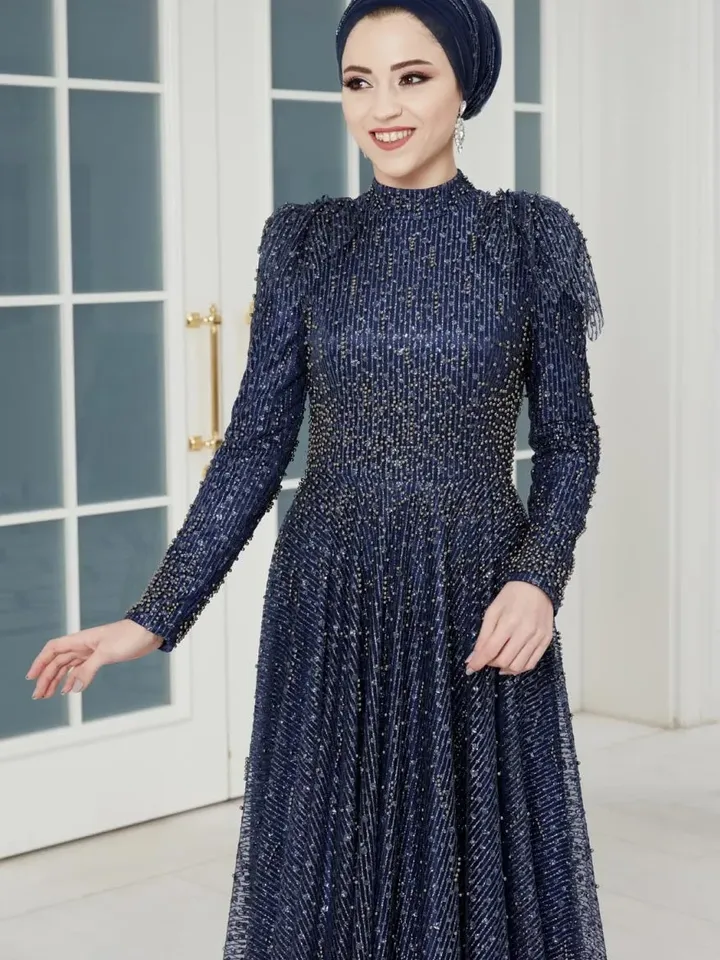AHUNARE HIJAB - Firuze Navy Blue Tulle Wedding Dress, Muslim Evening Gown, Nikah, Islamic Wedding, Engagement, Bridesmaid,