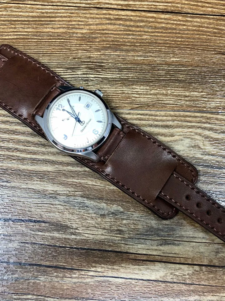Brown Leather Bund Watch Band, Genuine Leather Cuff Watch Band, Engraved Watch Strap 20mm, Wide Watch Band for Men, 3rd Anniversary Gift