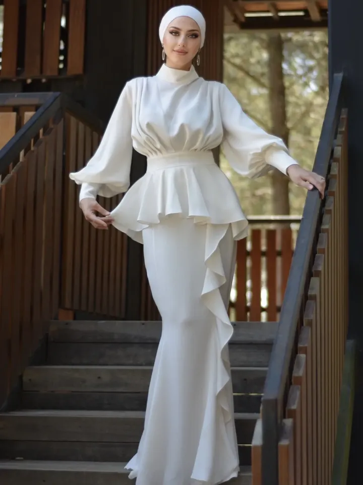 AHUNARE HIJAB - Lina White Satin Wedding Dress, Muslim Evening Gown, Nikah, Islamic Wedding, Engagement, Bridesmaid,