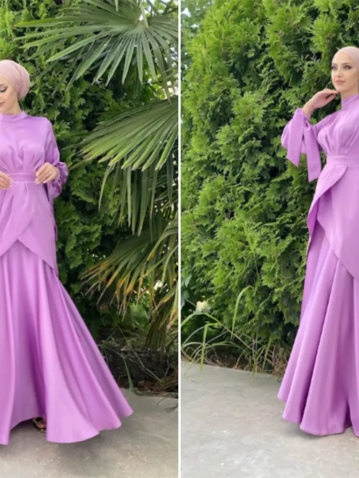AHUNARE HIJAB - Afra Powder Satin Wedding Dress, Muslim Evening Gown, Nikah, Islamic Wedding, Engagement, Bridesmaid,