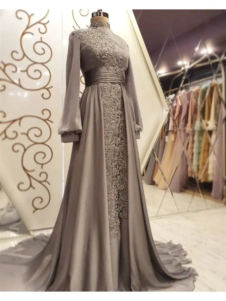 AHUNARE HIJAB - Elit Gray Chiffon Tailed Wedding Dress, Muslim Evening Gown, Nikah, Islamic Wedding, Engagement, Bridesmaid,