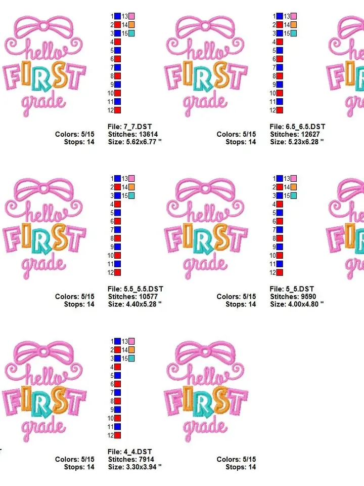 Hello First Grade Back To School 1st Grade School Apple Girl Shirt Design applique for Machine Embroidery