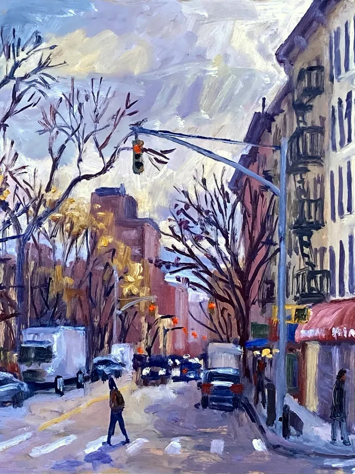 Original East Village Cityscape - Down Avenue A/NYC- 12x12 Oil on Panel, New York Urban Impressionist Landscape, Signed Original Fine Art