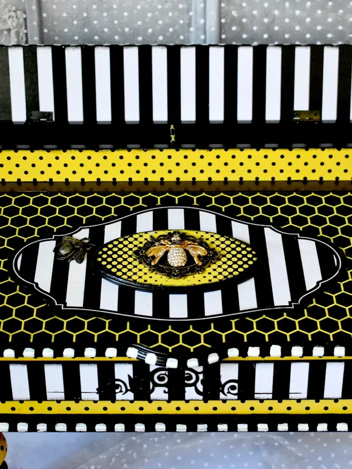Bureau for papers and documents in black-white-yellow color