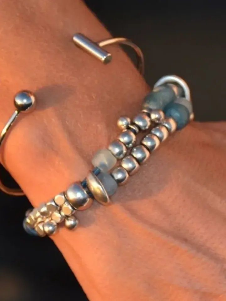 Blue Sea Glass Beaded Bracelet for Women, Uno de 50 Style Wrap Cuff, Recycled Bohemian Tribal Modern Stacking Jewelry