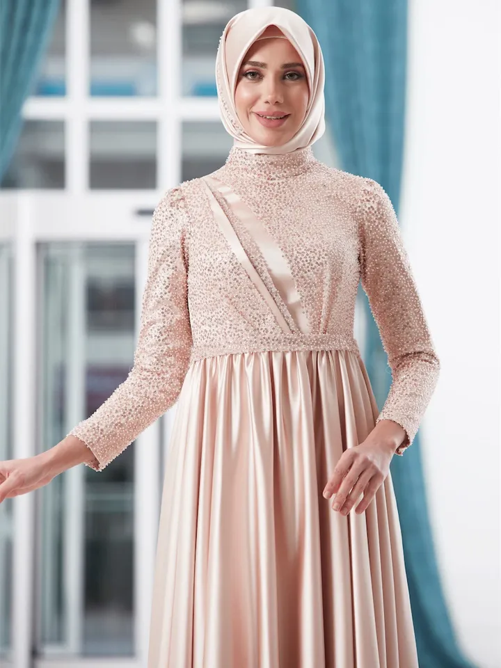 AHUNARE HIJAB - Berra Salmon Satin Wedding Dress, Muslim Evening Gown, Nikah, Islamic Wedding, Engagement, Bridesmaid,