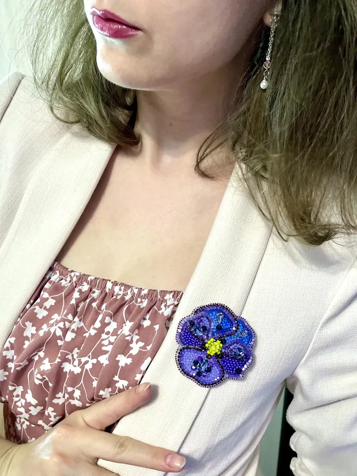 Violet Beaded Brooch, Handmade Embroidered Accessory, Pin Purple Viola, Flower Brooch, Floral Jewelry, Handmade Brooch