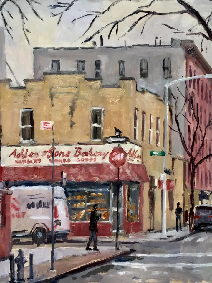 Original New York Cityscape Painting -Addeos Bakery/Arthur Ave/Bronx NYC- 12x12 Oil on Panel, Impressionist Landscape, Signed Original
