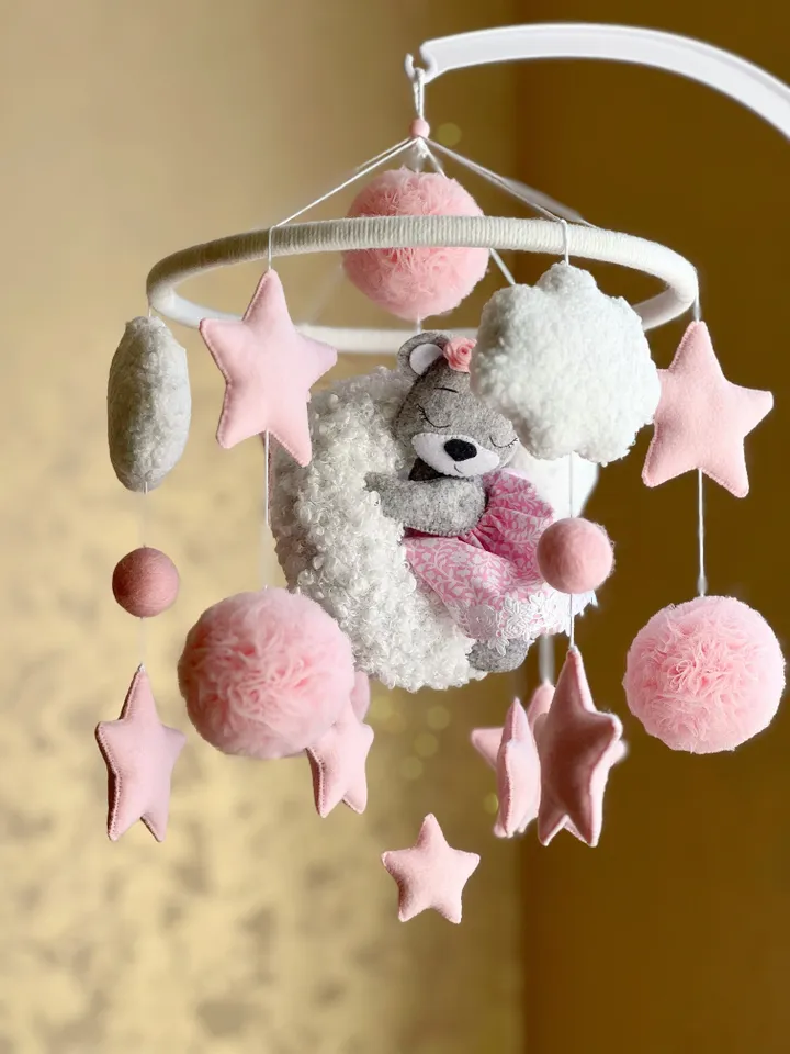 Baby mobile bear, baby girl mobile crib, baby mobile musical, bear mobile nursery