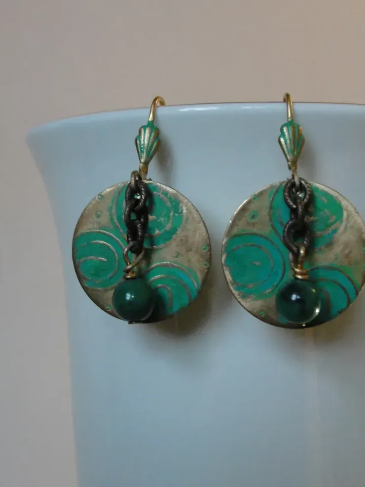 Boho Shabby chic Vintaj solid and natural brass Chrysocolla Textured patinated earrings with chain